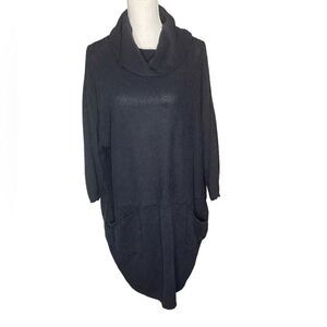 Women Oversized Black Cowl Neck Tunic Sweater Dress Pockets OS